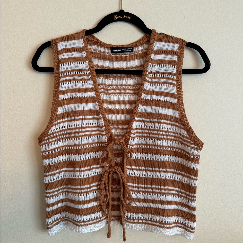 SHEIN Tan and White Striped Knit Tank Top